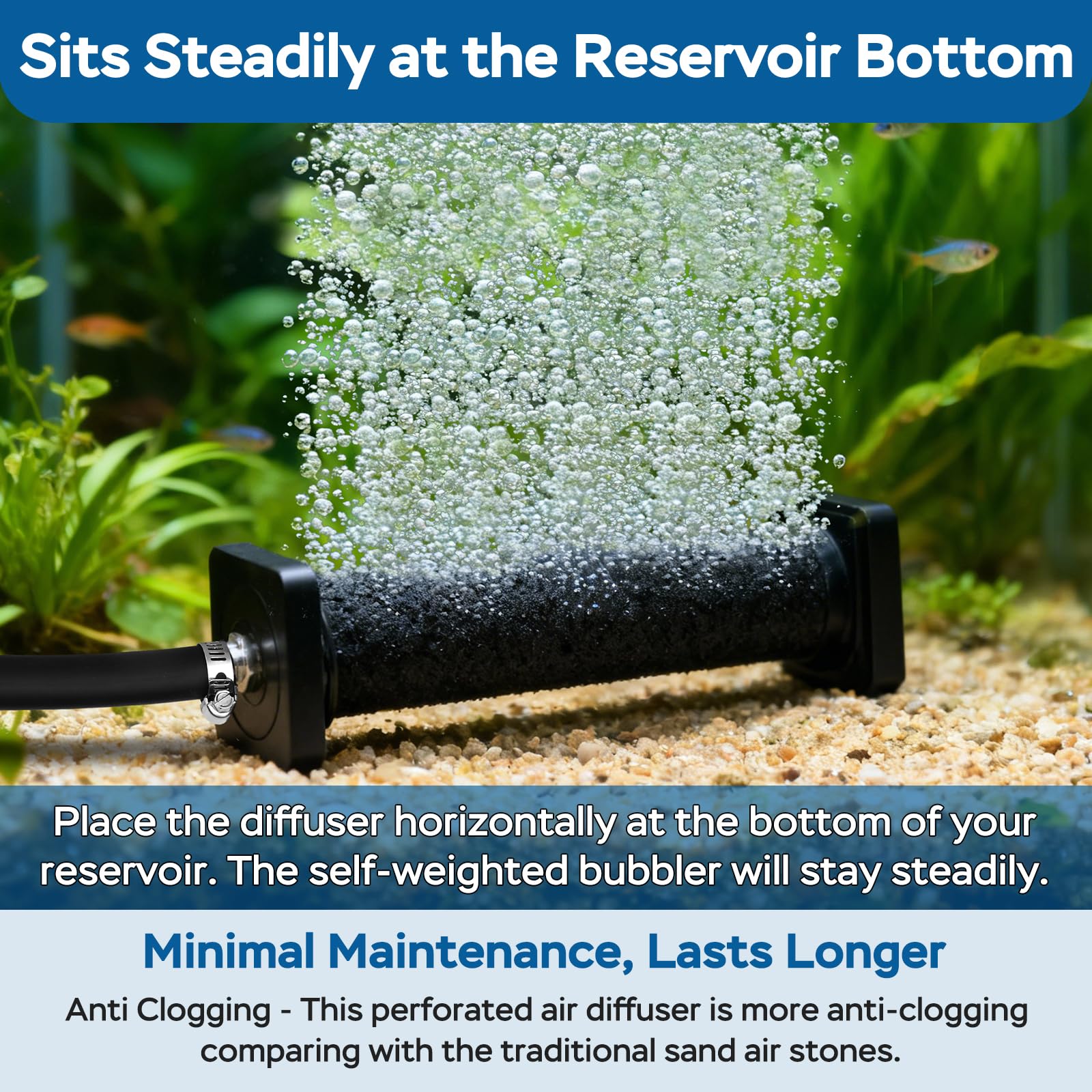AquaMiracle anti clogging air stone reduces maintenance and lasts longer.