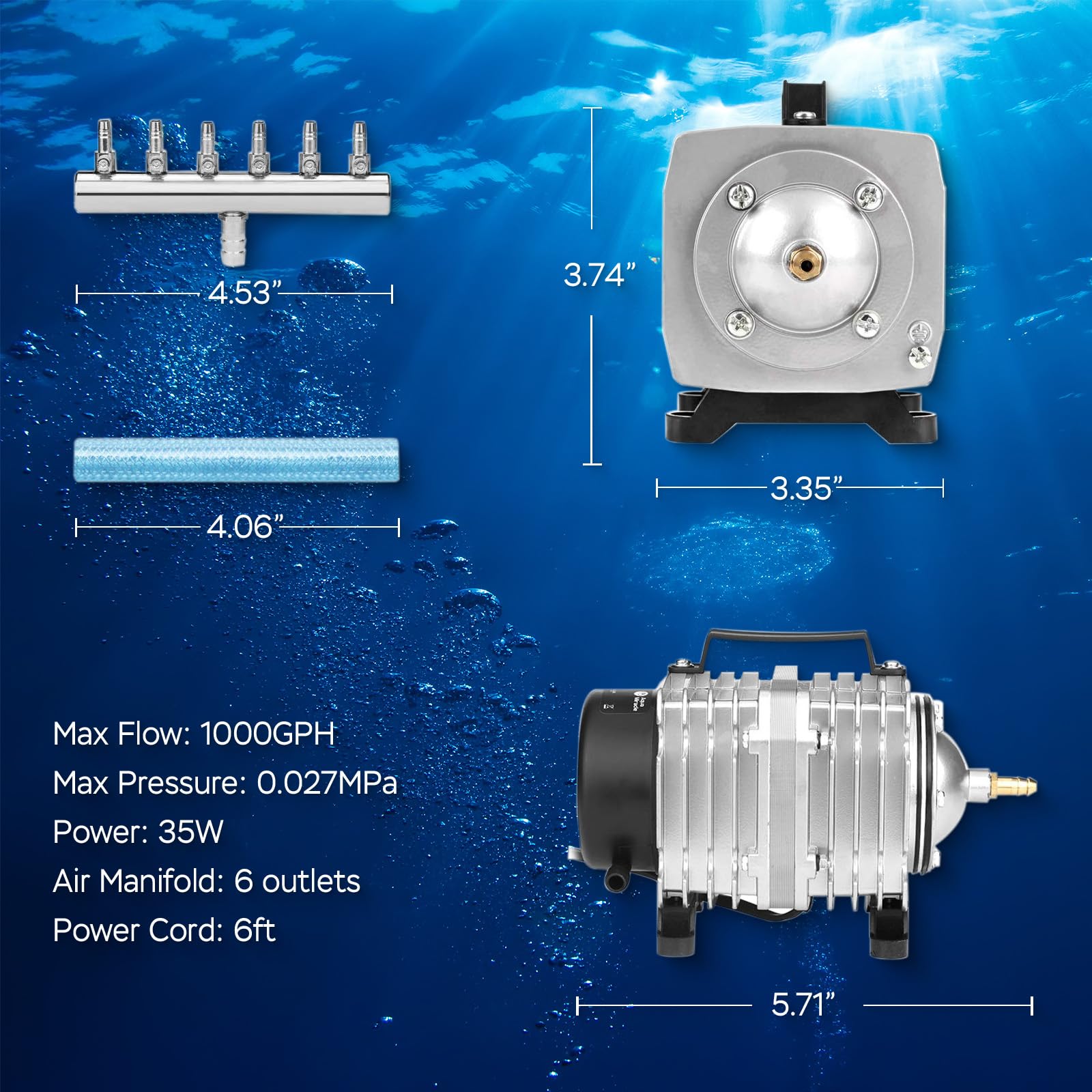AquaMiracle pump ideal for aquarium and hydroponics aeration setups.