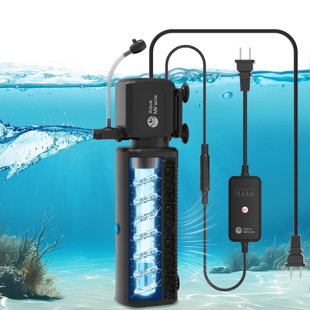 A AquaMiracle filter with U-V light for clearer water and algae control.