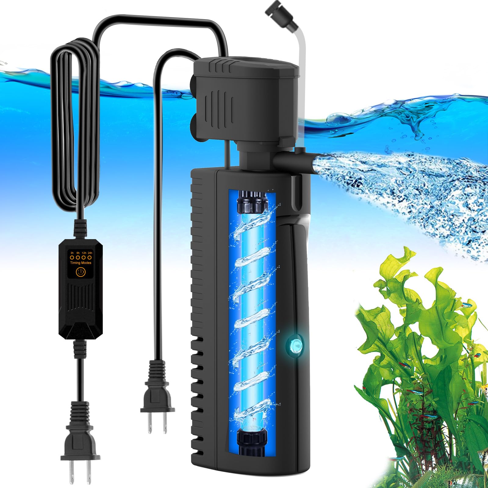 A AquaMiracle aquarium filter with UV light showing strong filtration and water clarity.