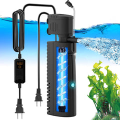 A AquaMiracle aquarium filter with UV light showing strong filtration and water clarity.