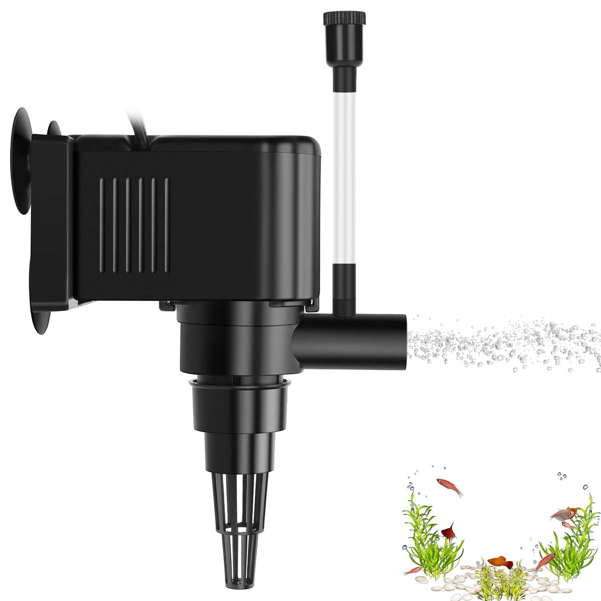AquaMiracle powerhead pump front view delivering strong circulation for 60-80 gallon tanks.