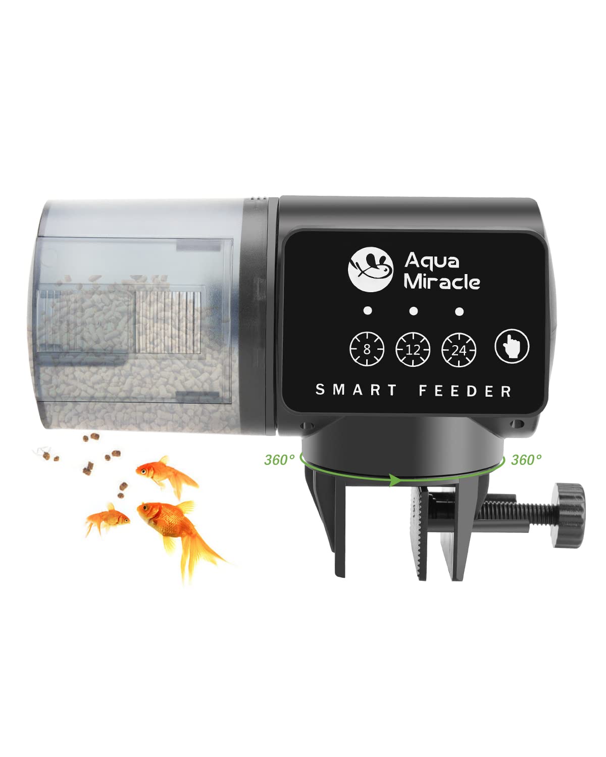 AquaMiracle automatic fish feeder mounted on an aquarium rim for hands-free feeding.