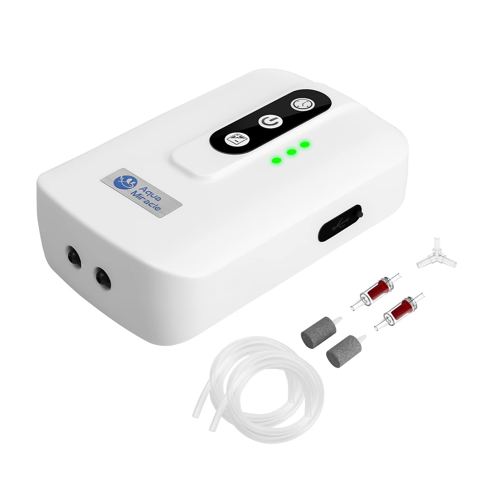 AquaMiracle battery-powered aquarium air pump with dual outlets keeps continuous aeration in large tanks