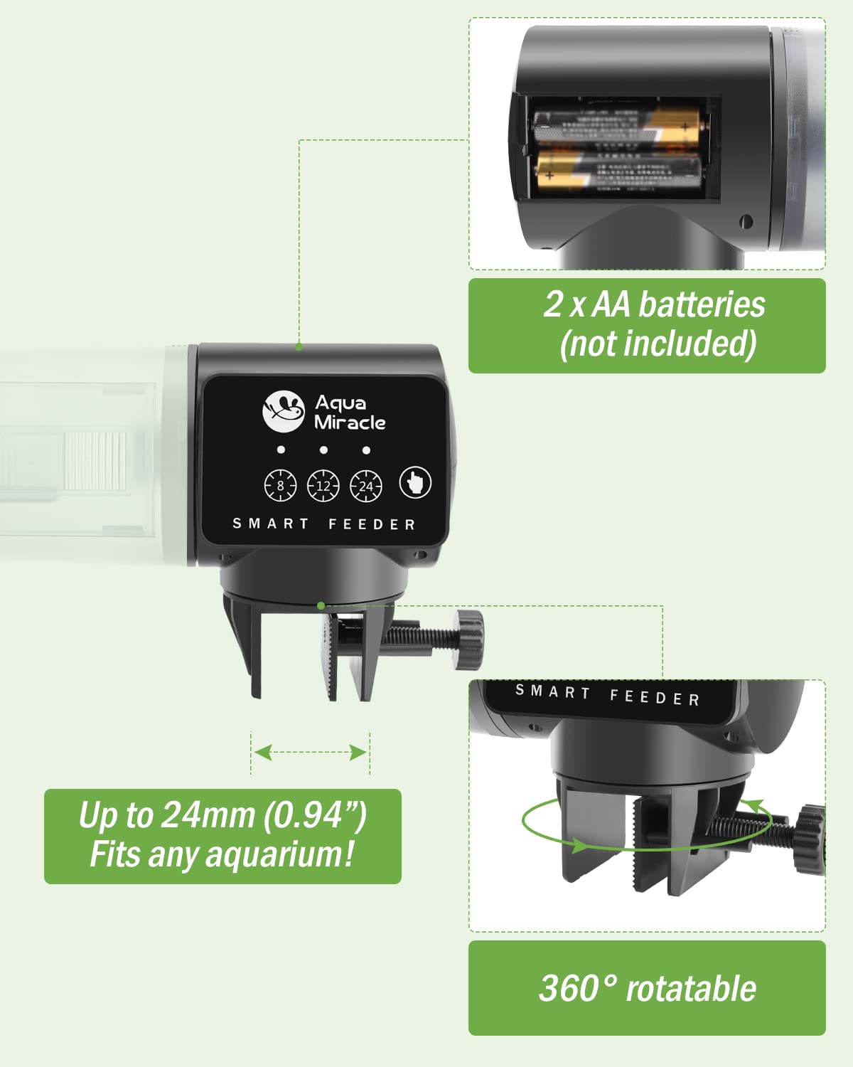 AquaMiracle feeder accommodates granules, pellets, strips and flakes for variety.