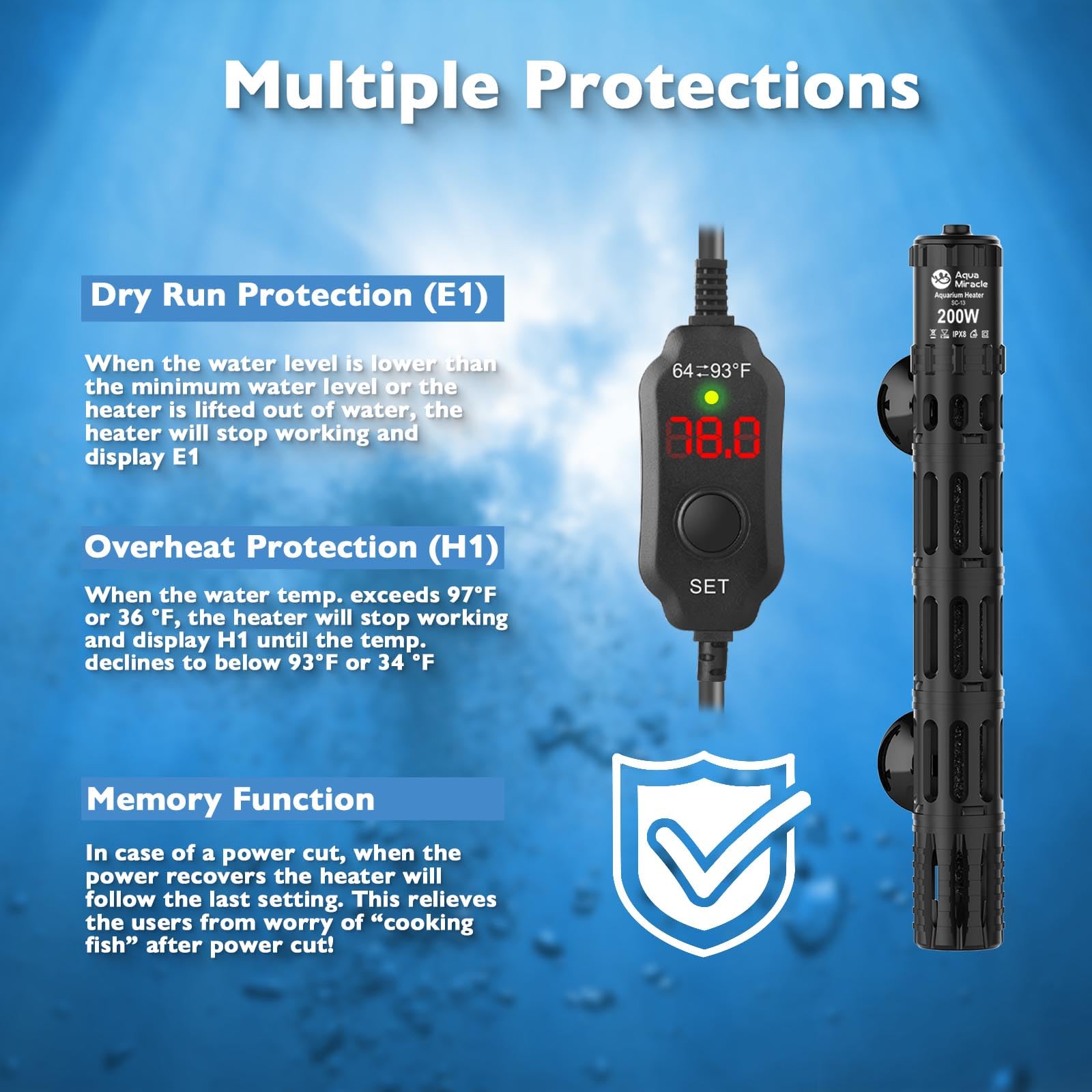 AquaMiracle heater memory function resumes last setting after power loss.