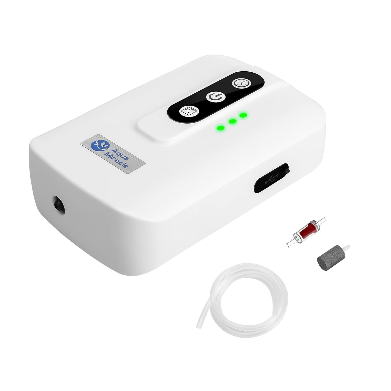 AquaMiracle lithium battery air pump front view, compact and portable for tanks up to 60 gallons.
