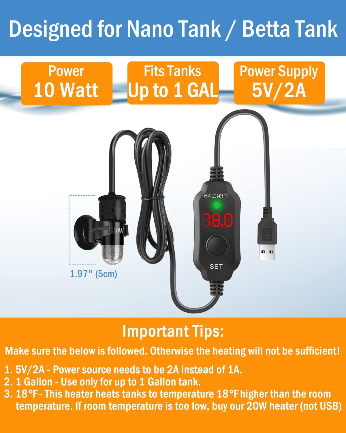 AquaMiracle tiny heater in a betta tank powered by USB for safe, convenient warmth