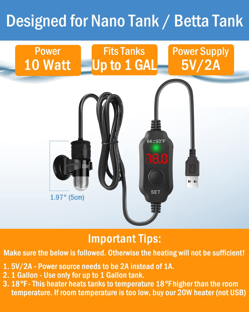 AquaMiracle tiny heater in a betta tank powered by USB for safe, convenient warmth