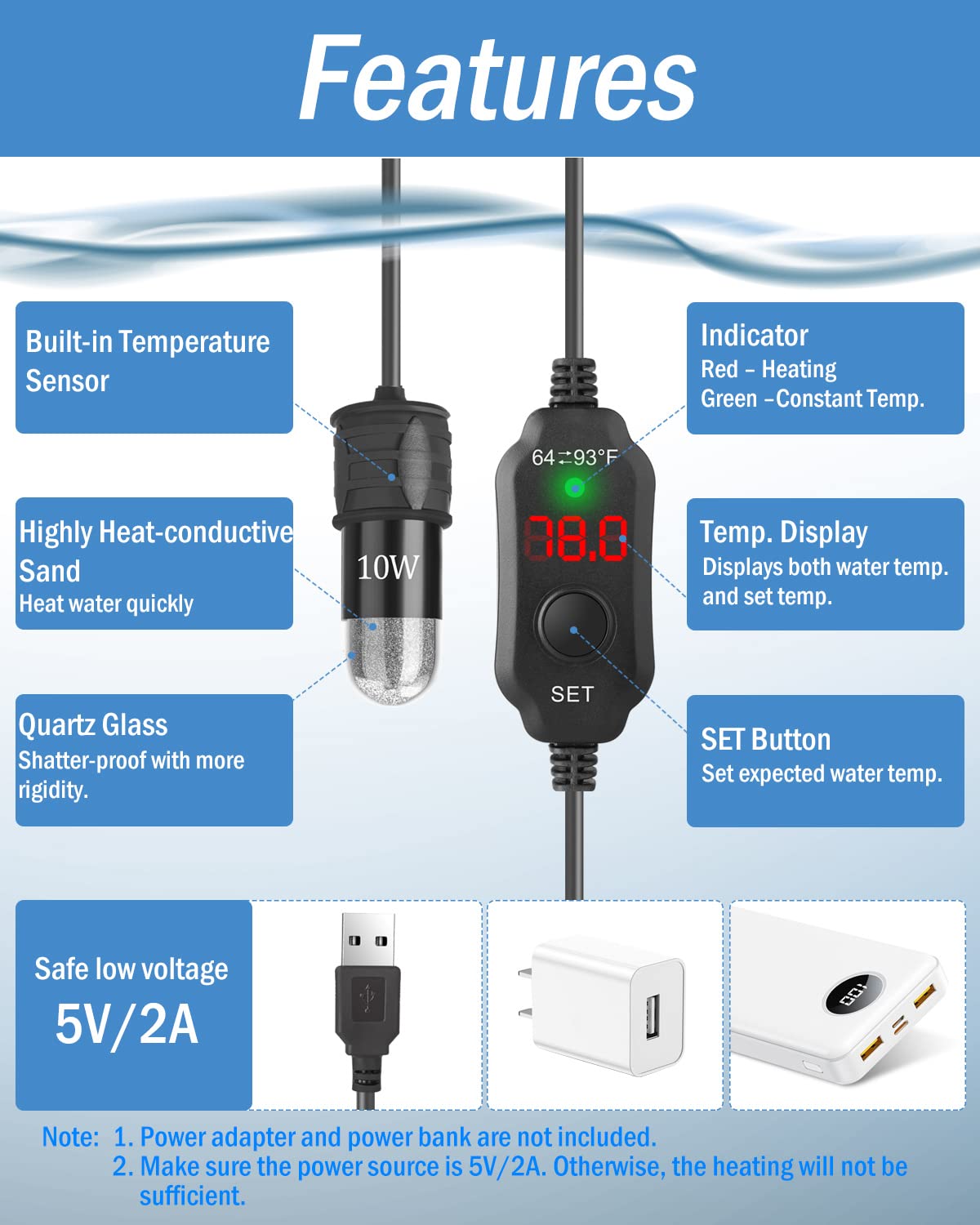 Thermostat readouts show current and target temps for quick adjustments in a small tank