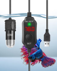 AquaMiracle Mini Heater shown in a nano tank with compact thumb-size design for discreet warmth