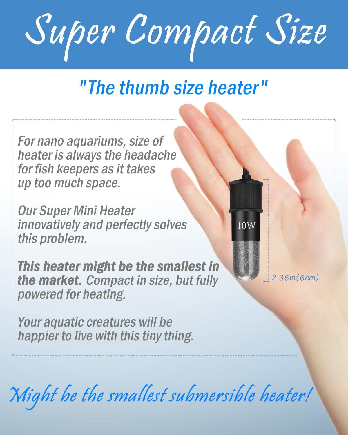 AquaMiracle mini heater in compact size fits nano tanks for discreet warmth.