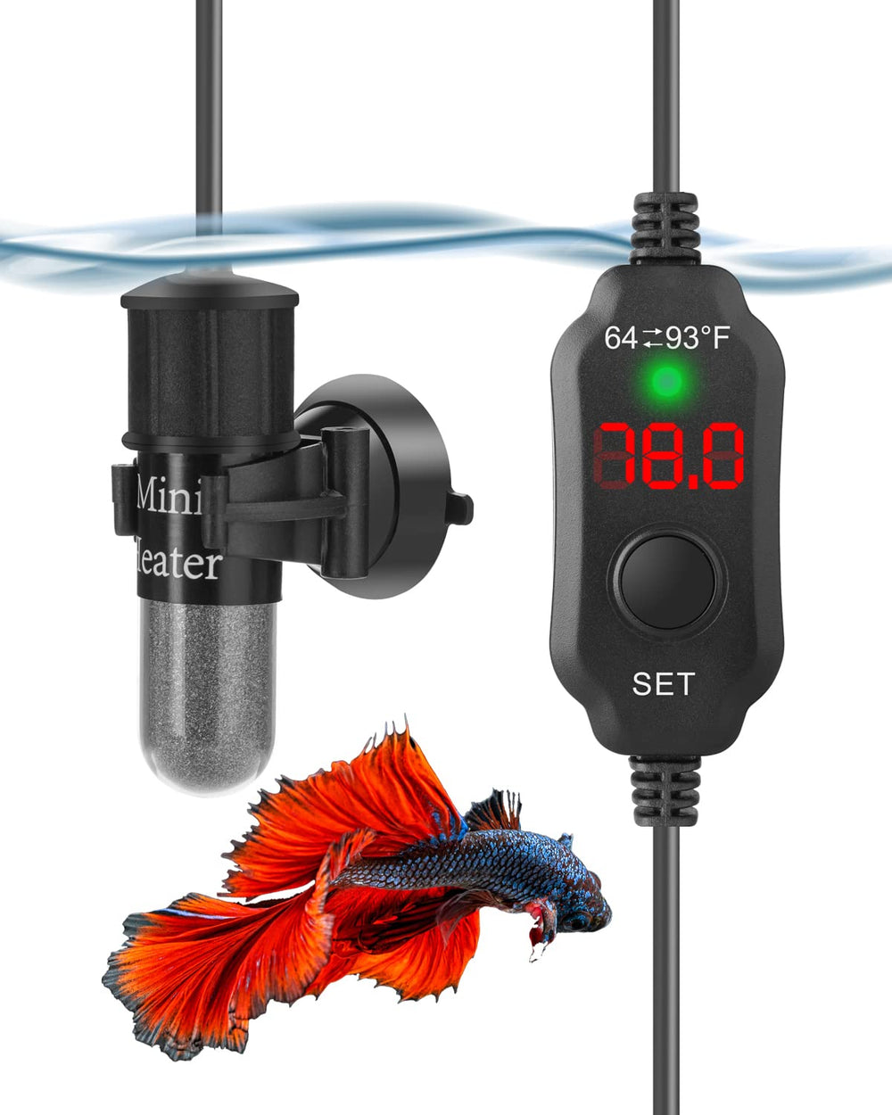 AquaMiracle mini heater with digital display for precise temperature control in small tanks.
