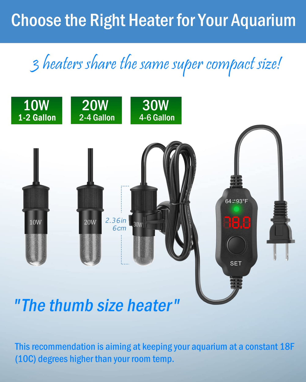 AquaMiracle freshwater use mini heater suitable for 2-4 gal tanks.