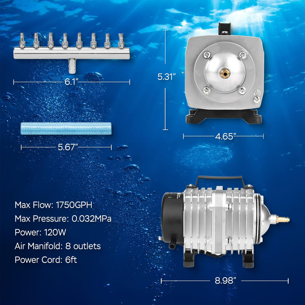 AquaMiracle multi-use air pump suitable for aquariums, ponds, hydroponics, and more.