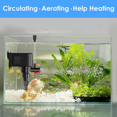 AquaMiracle powerhead side-view shows compact, submersible design for safe placement.