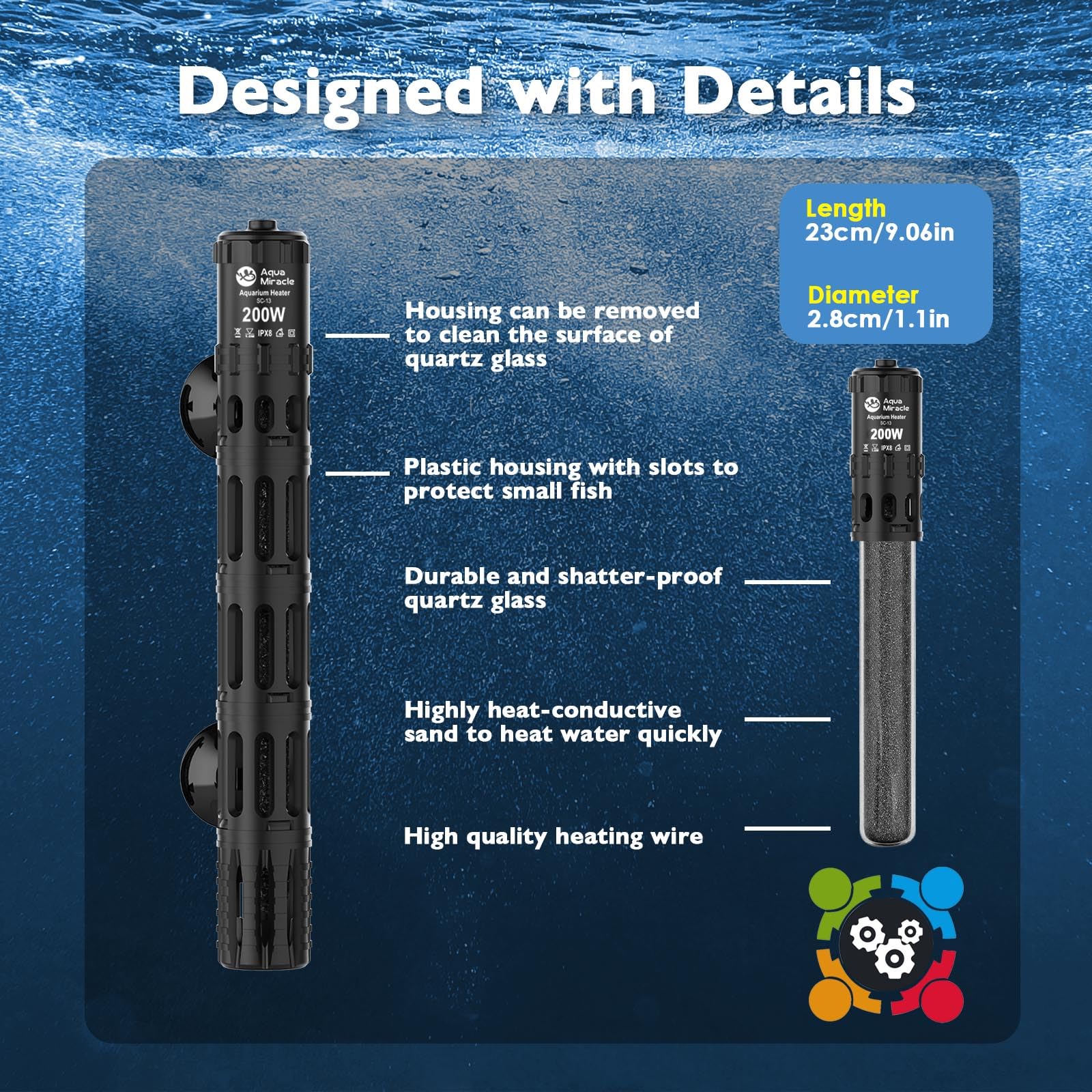 AquaMiracle submersible heater installed with dry-run protection in aquarium.