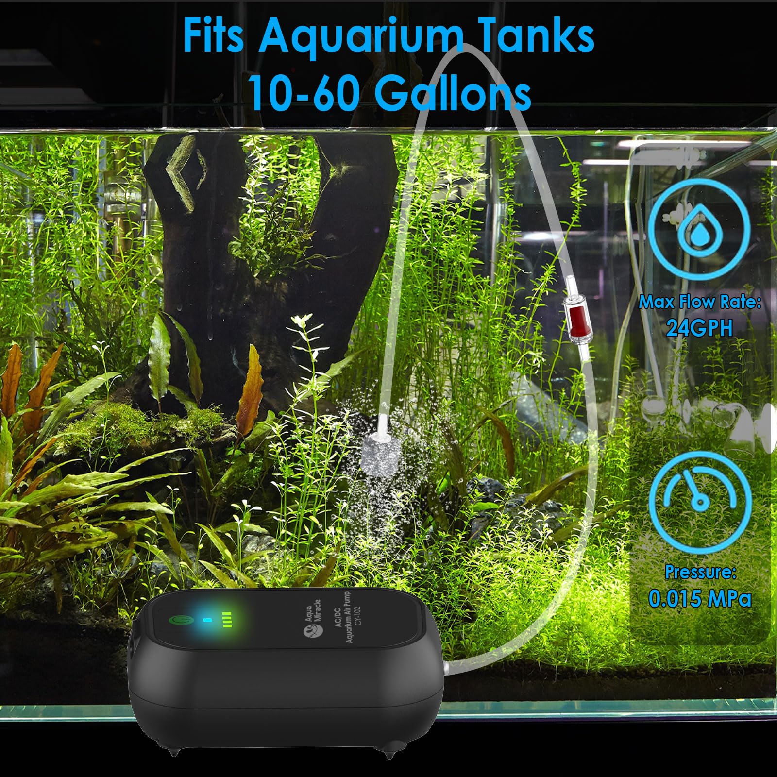 AquaMiracle USB aquarium air pump in action delivering steady bubbles in a 60-gallon tank