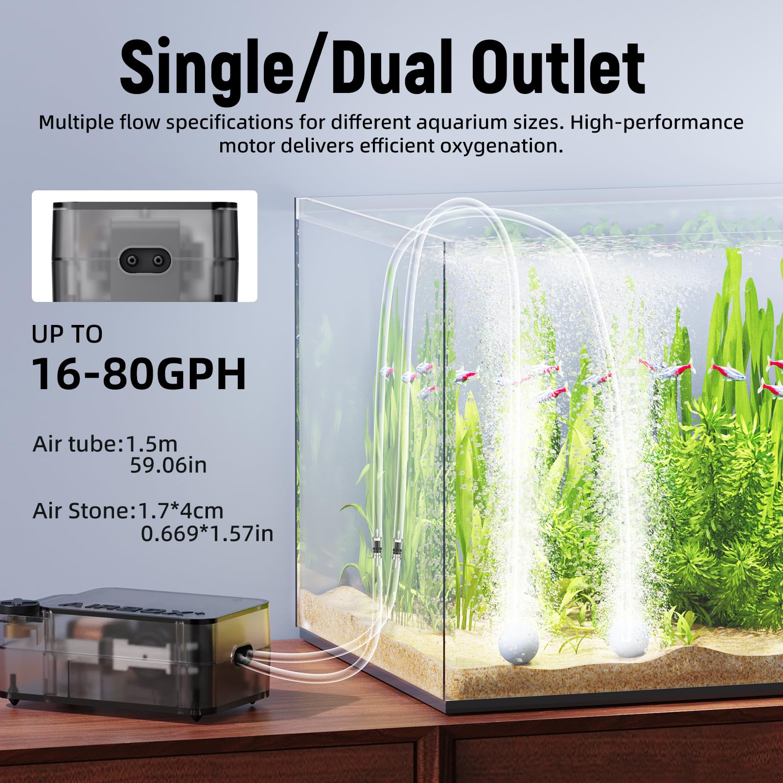 AQUASMITH air stone bubbler included enhances oxygenation and visual bubbles.