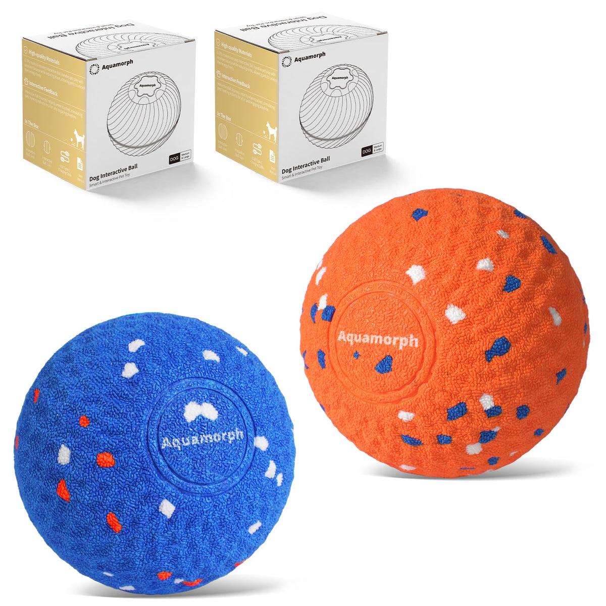 Aquamorph two-pack interactive dog balls in blue and orange for dual-dog play