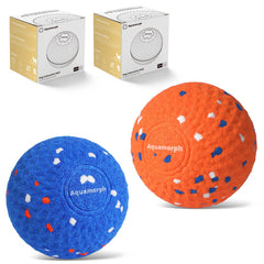 Aquamorph two-pack interactive dog balls in blue and orange for dual-dog play