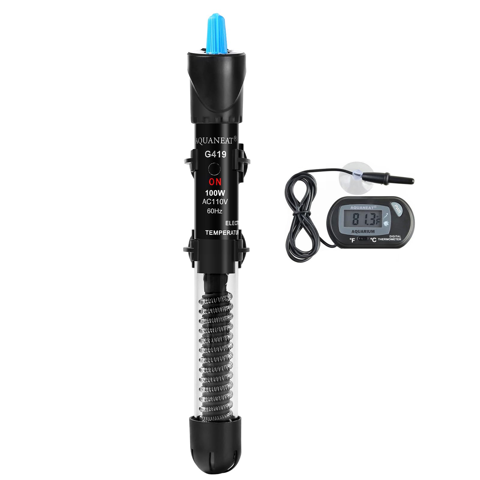 AQUANEAT 100W heater viewed front in an aquarium for steady water warmth.