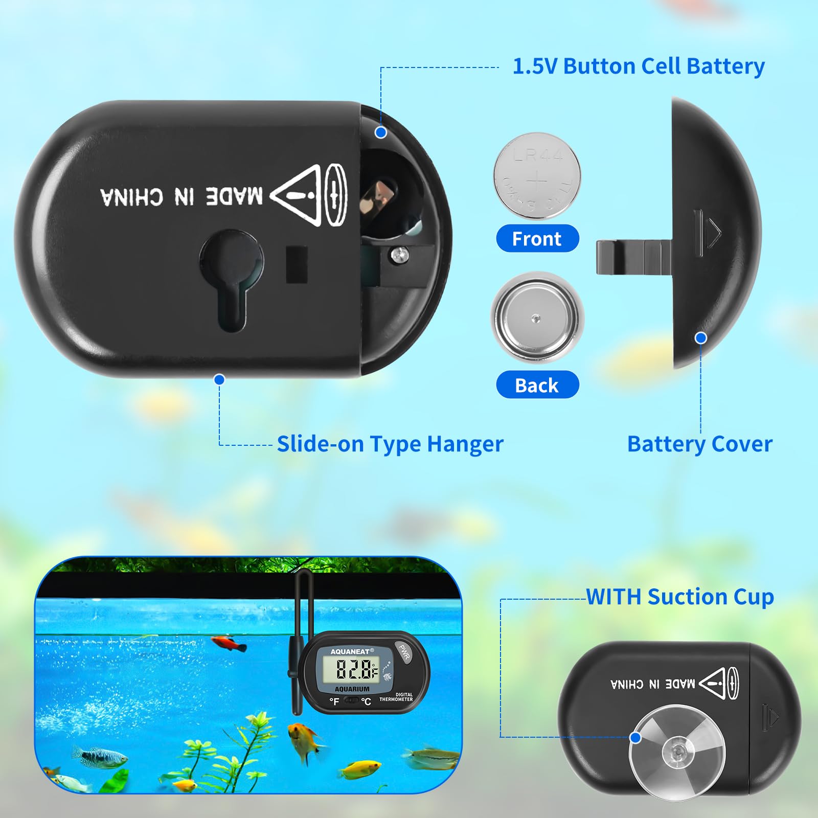 AQUANEAT aquarium thermometer battery included for immediate use