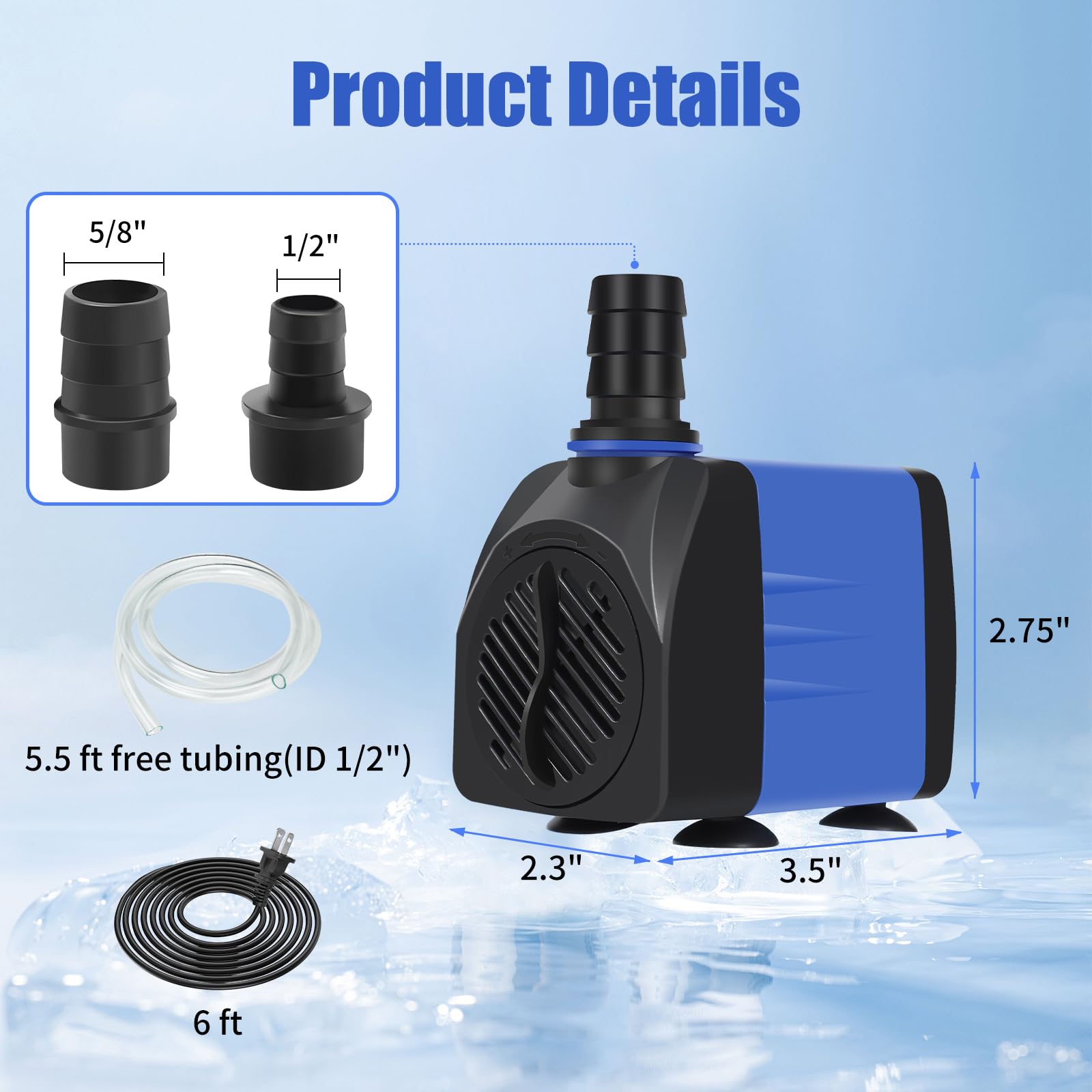 AQUANEAT fountain pump side view highlighting slim footprint for tight spaces.