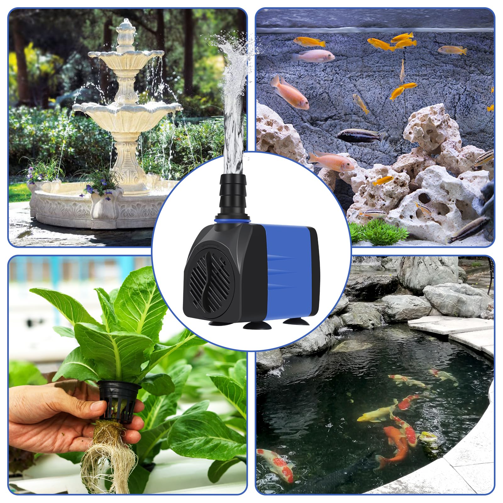 AQUANEAT fountain pump submerged in water powering a small indoor fountain.