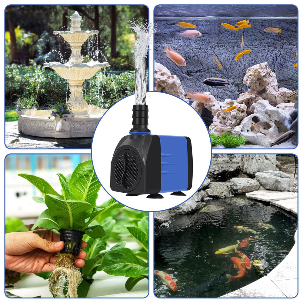 AQUANEAT fountain pump submerged in water powering a small indoor fountain.