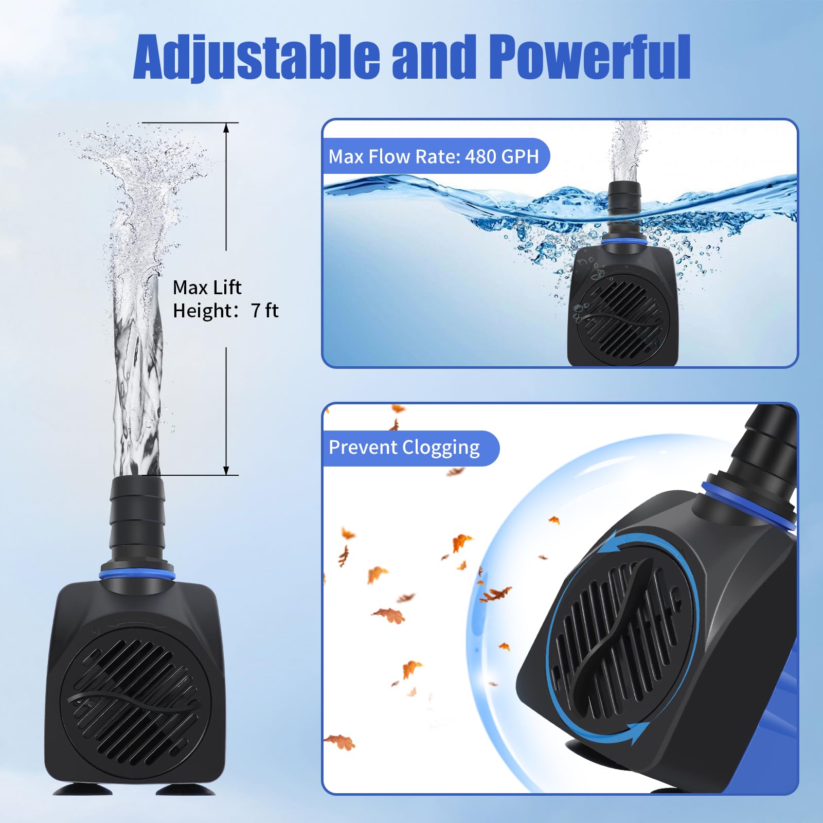 AQUANEAT fountain pump tubing connection demonstrates versatile 1/2 and 5/8 inch options.