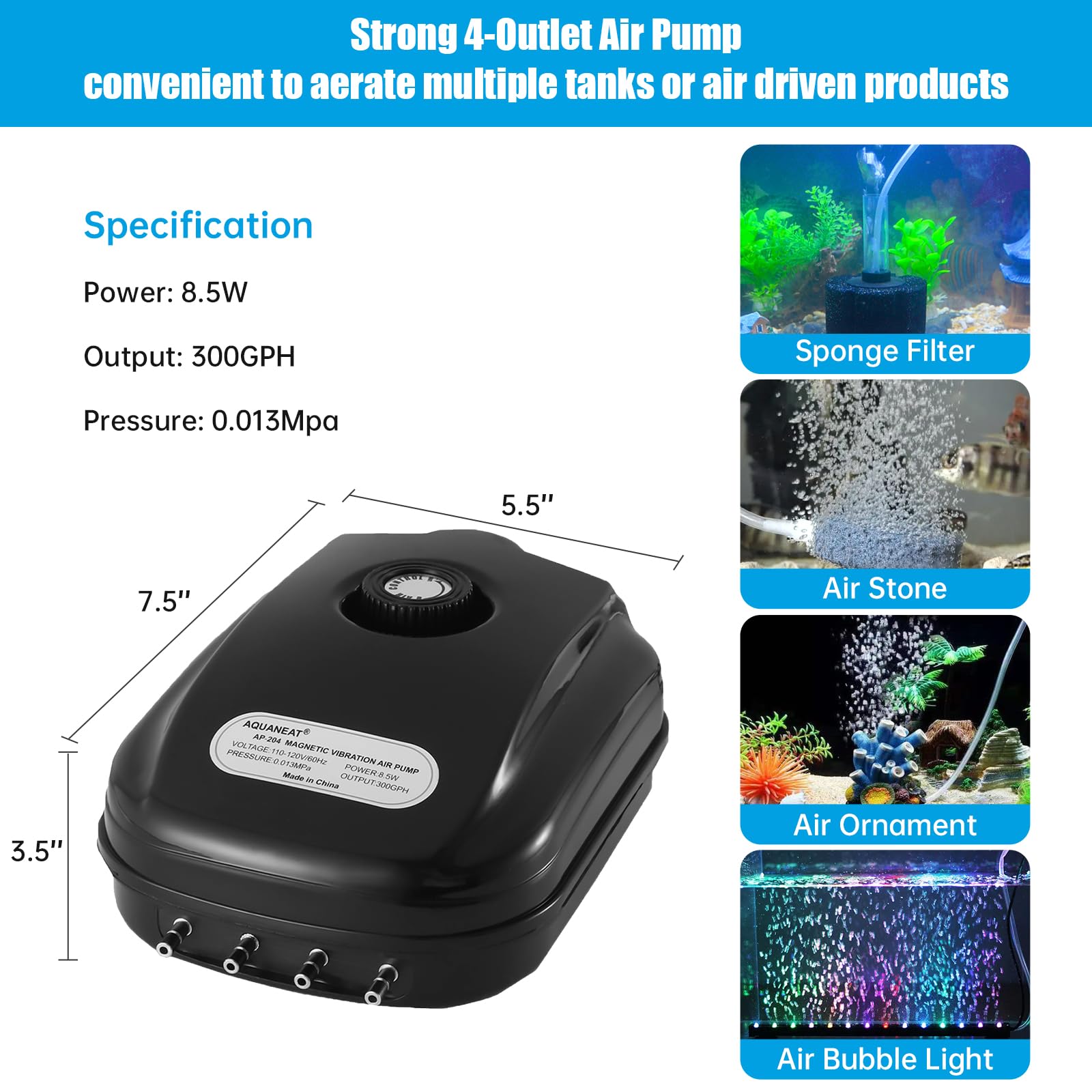 AQUANEAT four-outlet air pump ready for sponge filters and stones.