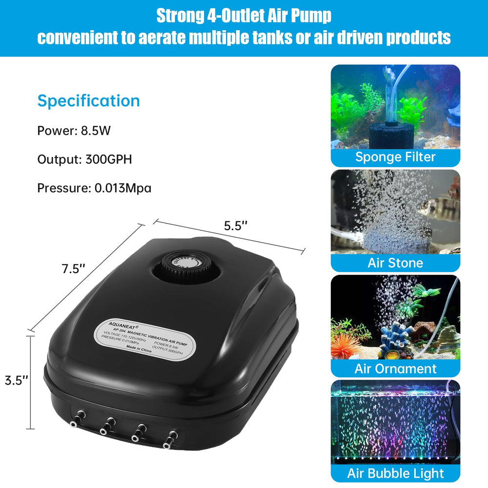 AQUANEAT four-outlet air pump ready for sponge filters and stones.