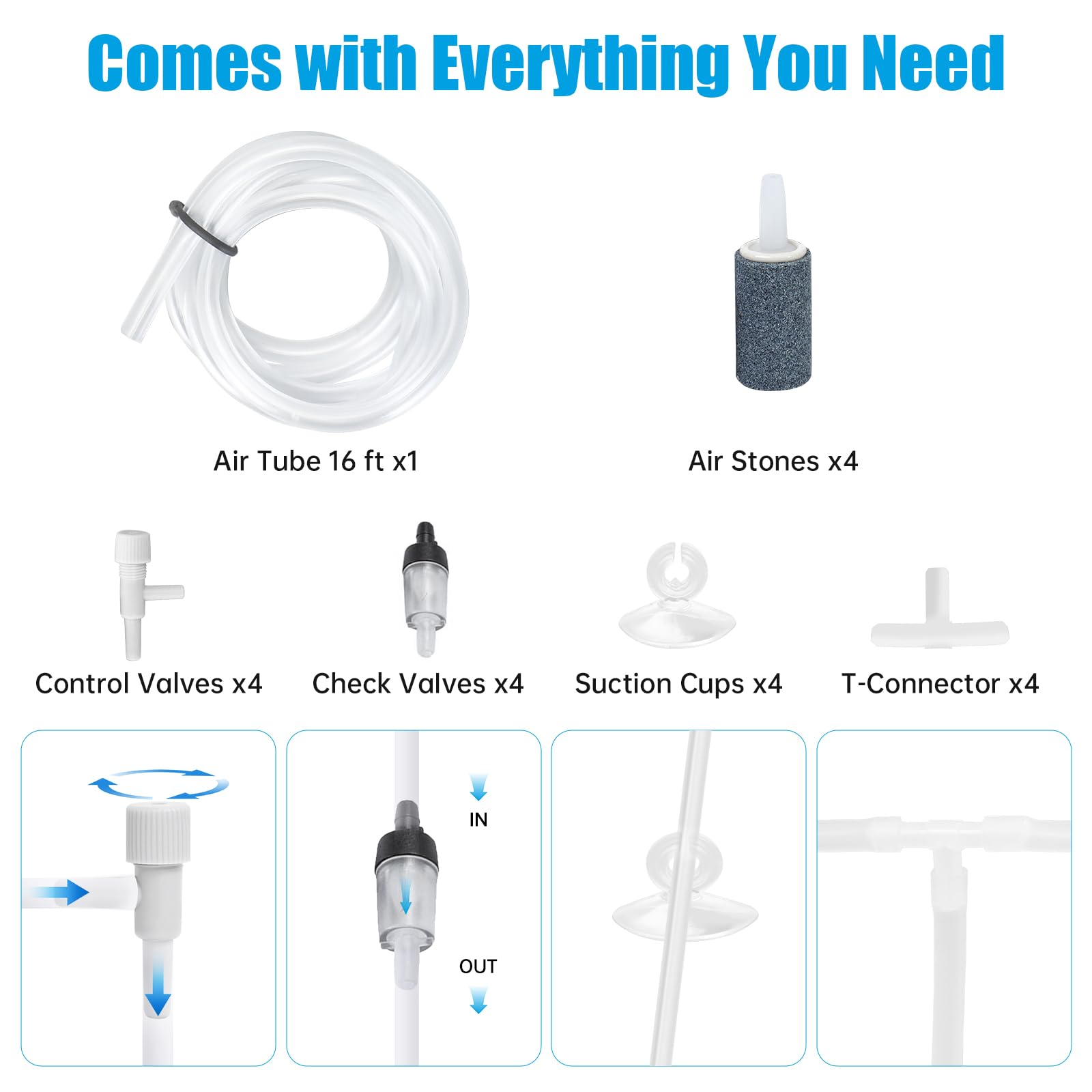 AQUANEAT included accessories: tubing, air stones, valves for easy setup.