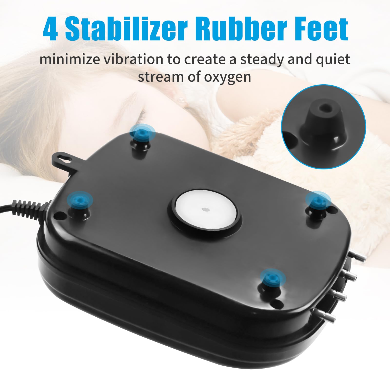 AQUANEAT quiet-operation air pump with rubber feet to reduce noise.