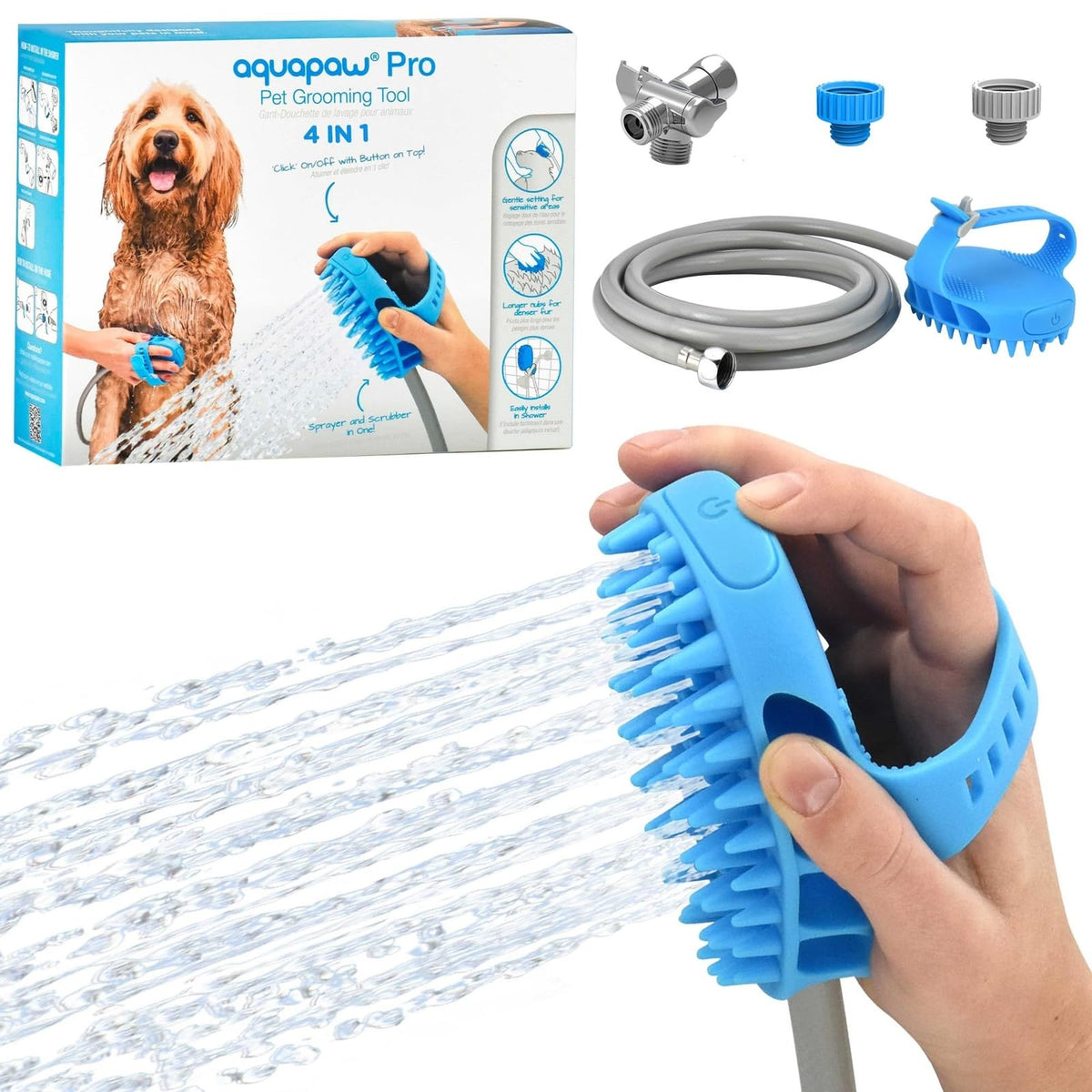 Aquapaw Bath Brush Pro with 8ft hose for easy at-home baths.