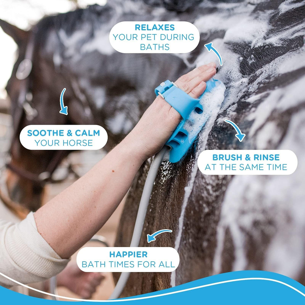 Aquapaw silicone brush for dogs and horses highlights durable flexible cleaning
