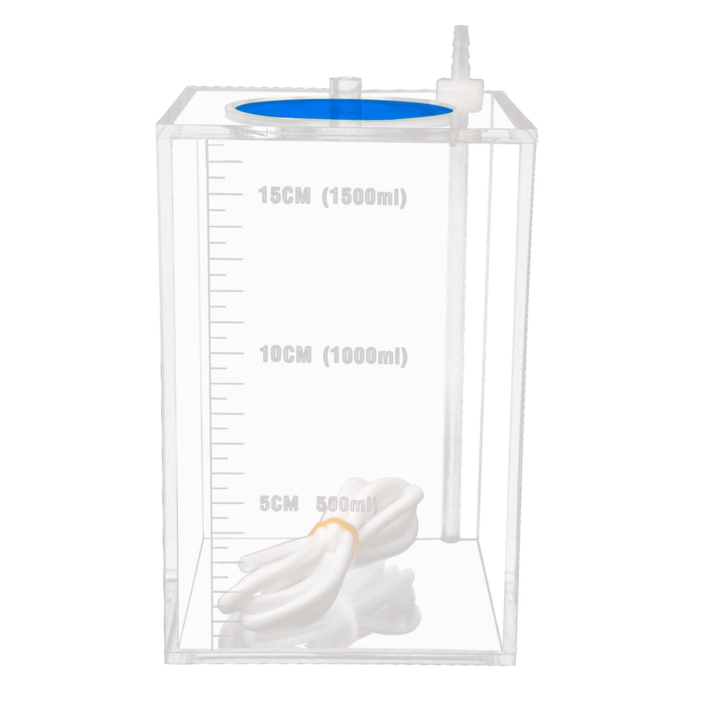 Blue lid secured on the container reduces evaporation risk.