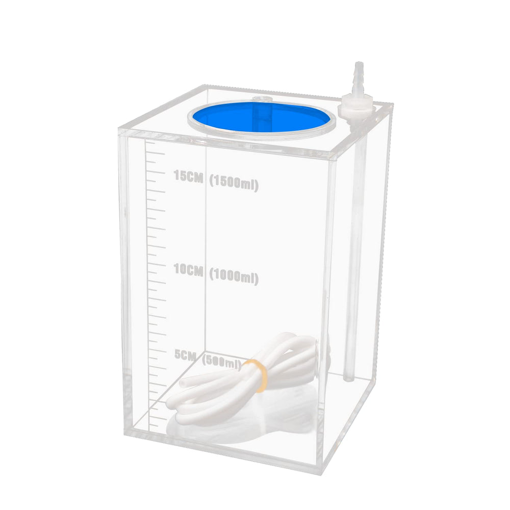 Complete dosing kit with blue-lid container and tubing for reef care.