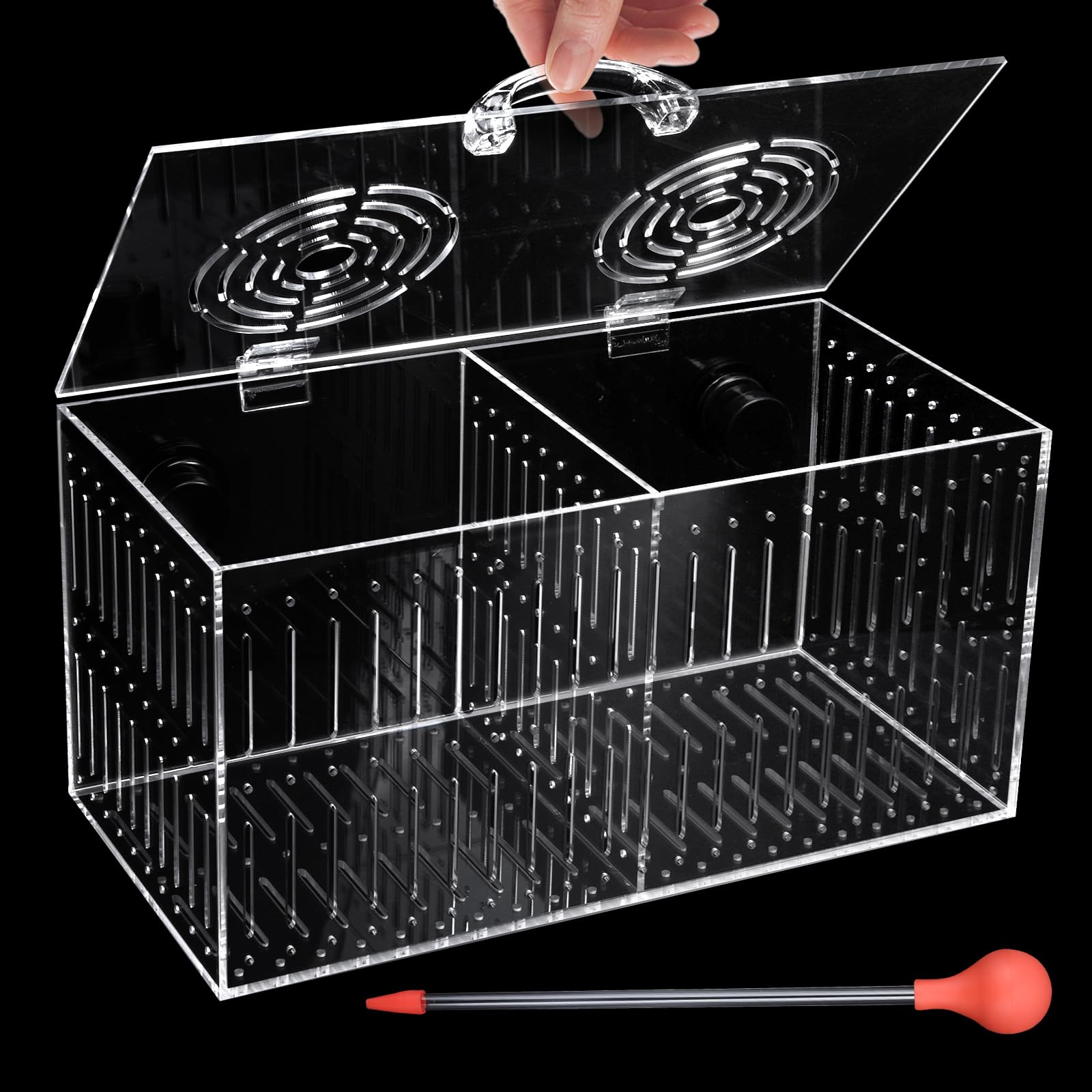 Aquarium Choice magnet acclimation box on glass, showing the large internal chamber for quarantine use