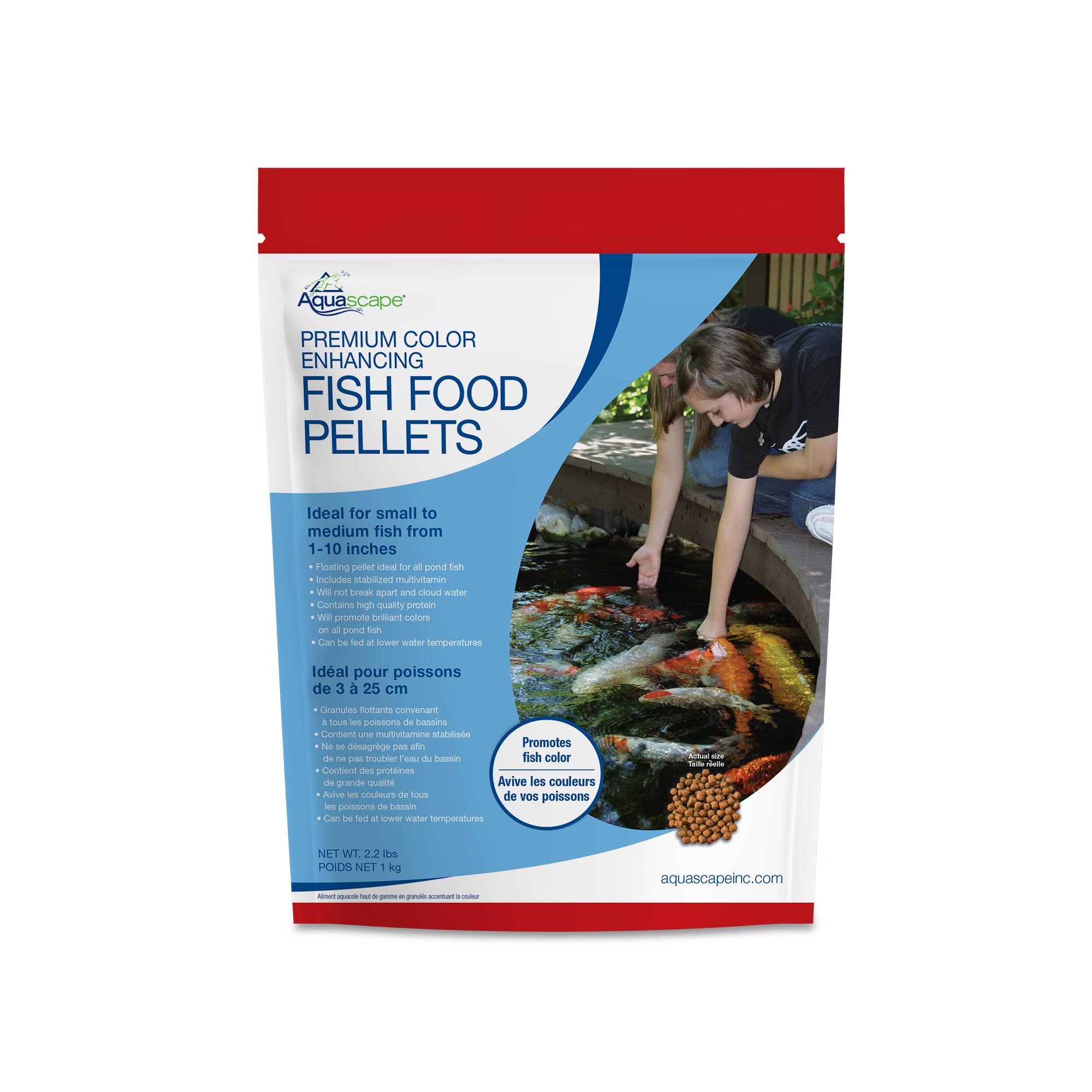 Aquascape color enhancing pellets for pond fish promote vibrant colors and digestion support.