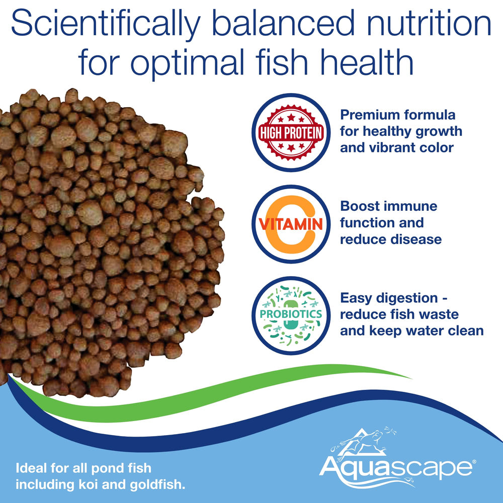 Aquascape Premium Staple Pellets bag-label image highlights resealable packaging preserving nutrients