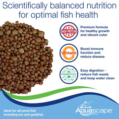 Aquascape Premium Staple Pellets bag-label image highlights resealable packaging preserving nutrients