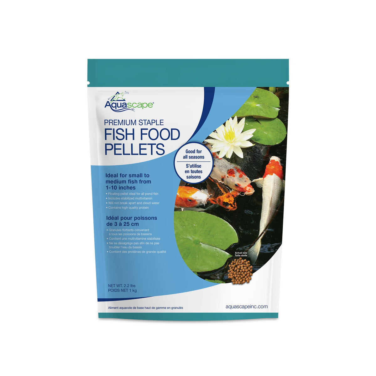 Aquascape Premium Staple Pellets pack showing freshness for daily pond feeding