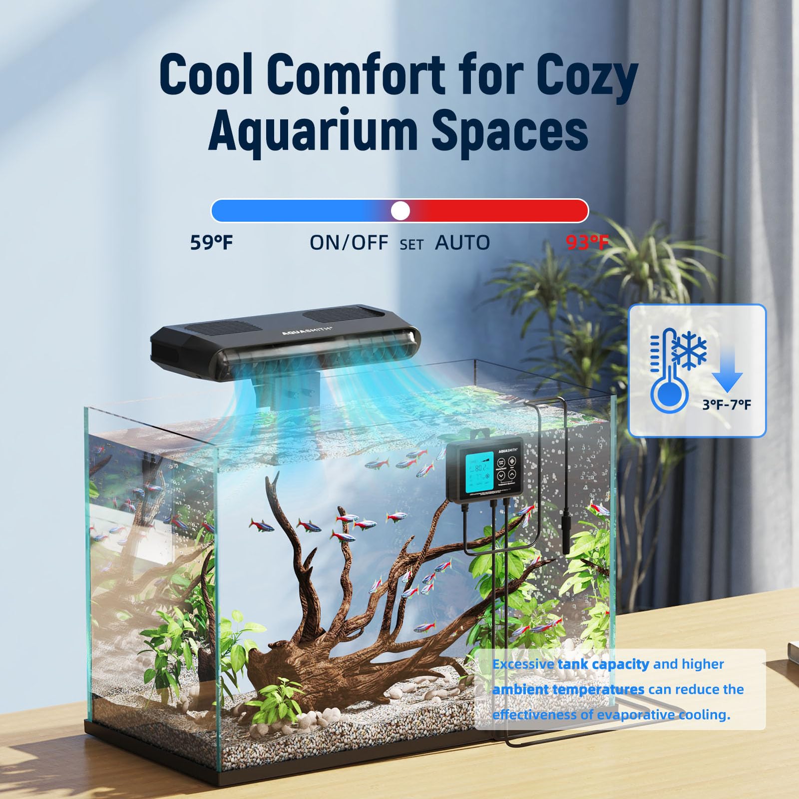 AQUASMITH aquarium chiller fan side view highlighting dual fans for fast cooling