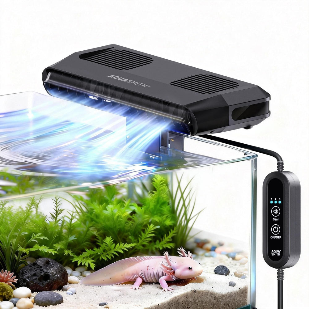 AQUASMITH aquarium fan mounted on tank delivering focused airflow for stable water temperature