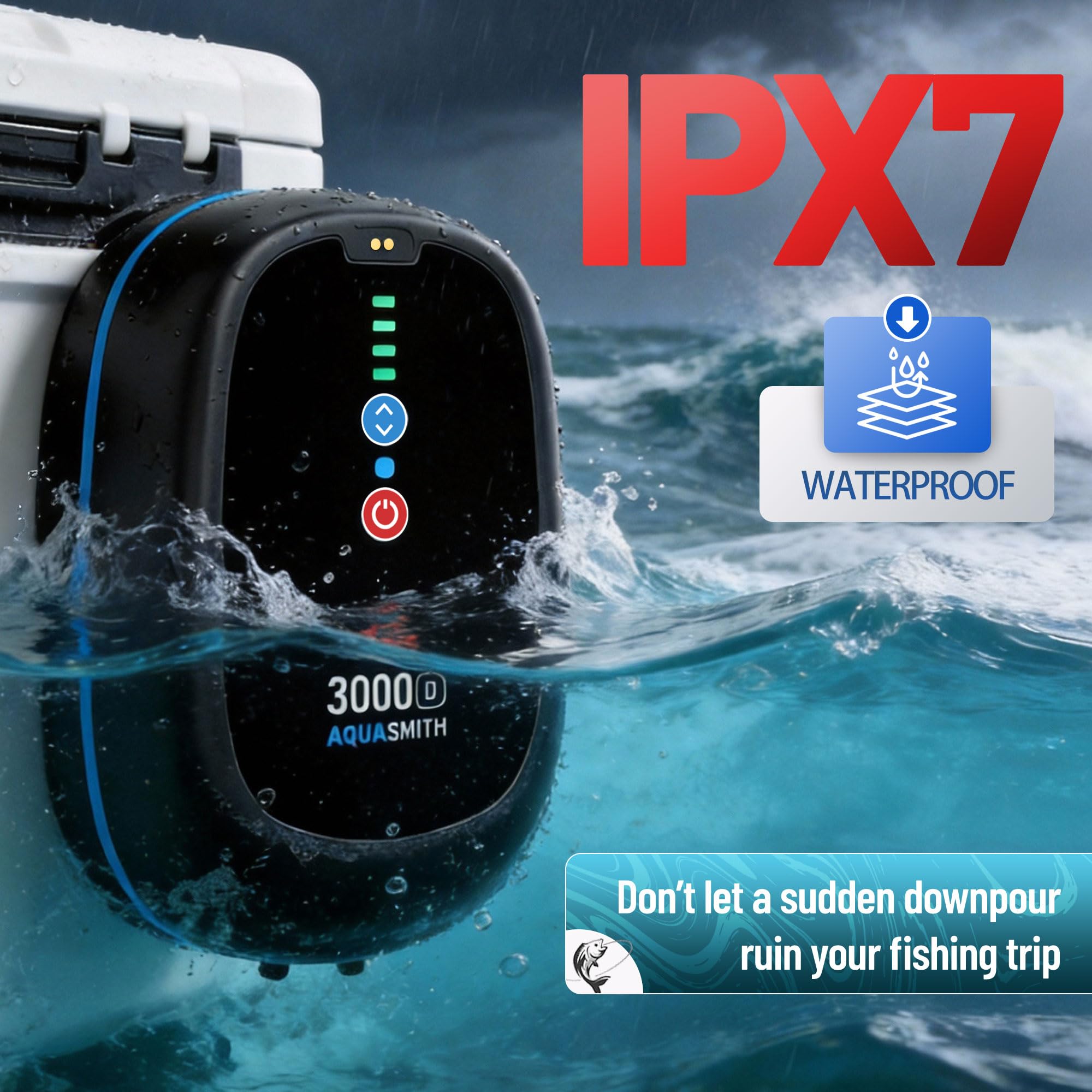 AQUASMITH bait aerator with magnetic charging port resists corrosion in marine conditions