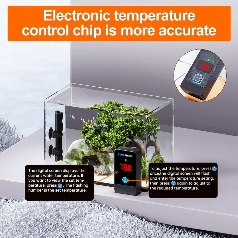 AQUASMITH external LED controller displays real-time tank temperature.