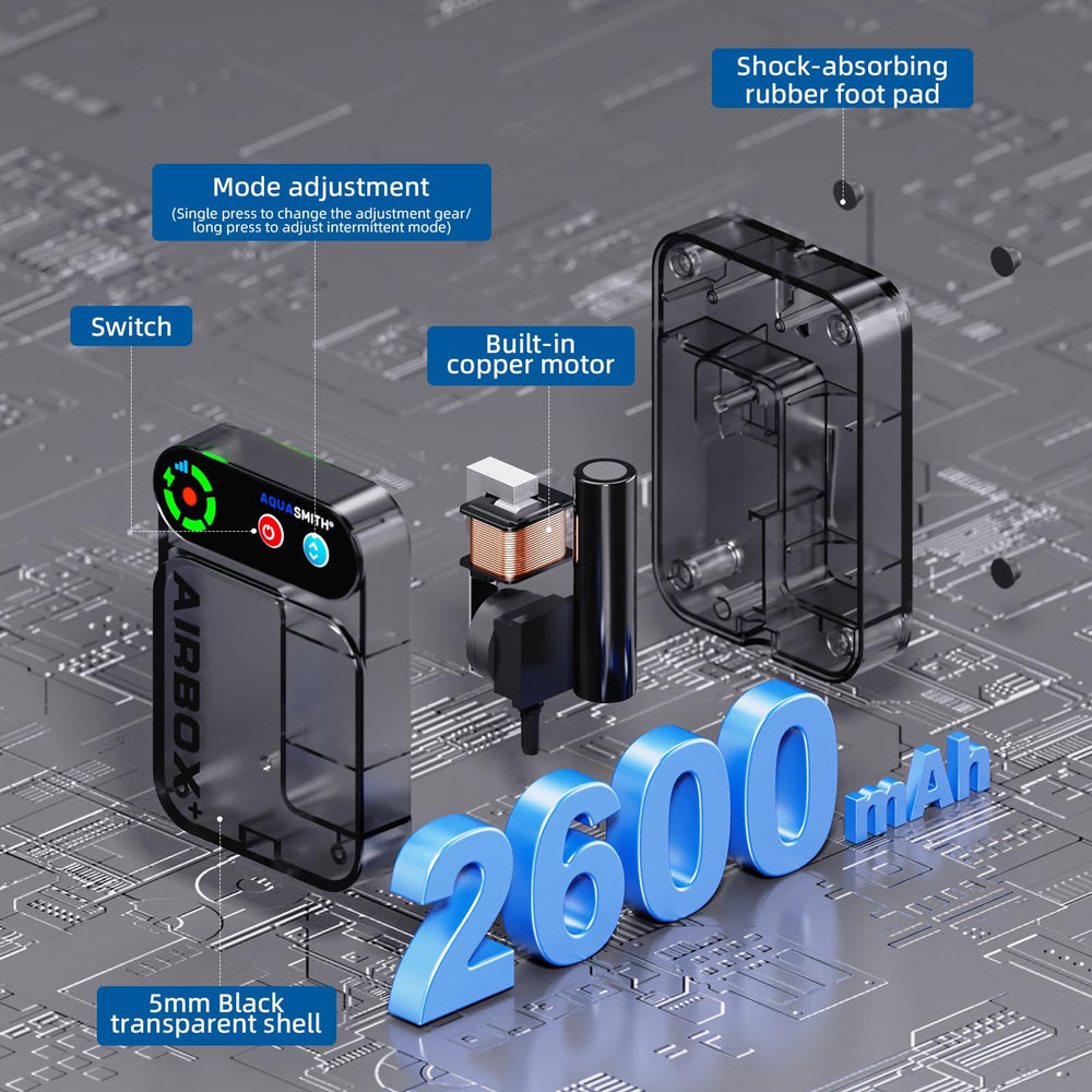 AquaSmith aerator shows 2600mAh battery for extended fishing sessions.