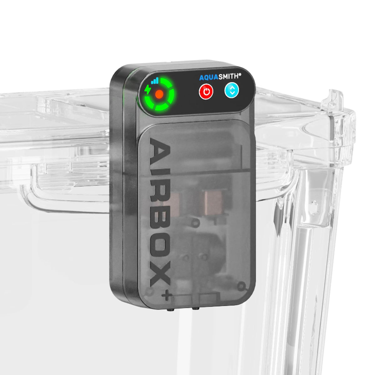 AQUASMITH live bait aerator body with compact matte design for easy placement.
